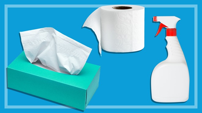 box of tissues a roll of toilet paper and bathroom cleaner